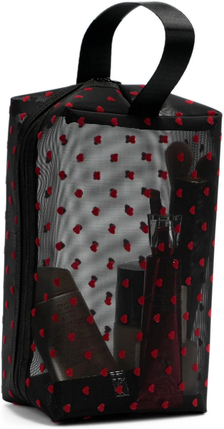 Portable Mesh Makeup Bag with Zipper Small Travel Toiletry Bag Lightweight Cosmetic Pouch (Black&Red Heart with Handle)