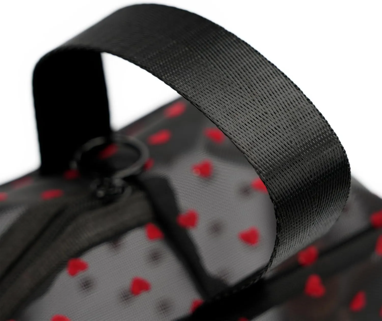Portable Mesh Makeup Bag with Zipper Small Travel Toiletry Bag Lightweight Cosmetic Pouch (Black&Red Heart with Handle)