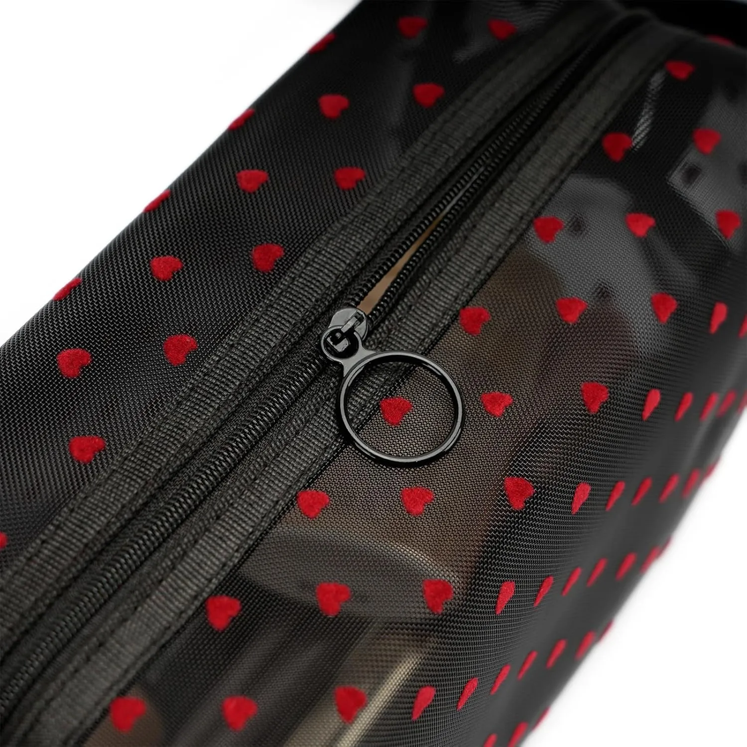 Portable Mesh Makeup Bag with Zipper Small Travel Toiletry Bag Lightweight Cosmetic Pouch (Black&Red Heart with Handle)