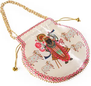 Potli Clutch Batawa Bag Purse Embroidered Embellished Handmade Traditional Ethnic Golden Work Ladies Handbag for Women for Party Wedding Special Occasion and Gifting (Shreenathji)