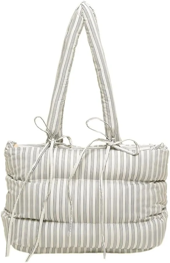 Quilted Bow-Tie Tote Bags for Women Cute Stripe Puffer Hobo Bags for Women Bowknot Shoulder Bag Purses Clutch Office Tote