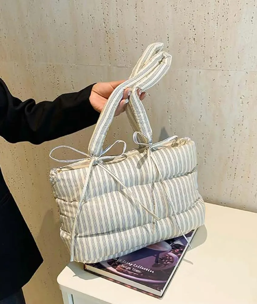 Quilted Bow-Tie Tote Bags for Women Cute Stripe Puffer Hobo Bags for Women Bowknot Shoulder Bag Purses Clutch Office Tote