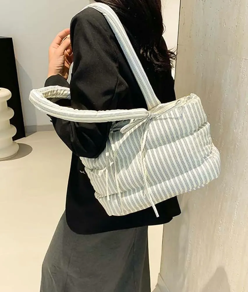 Quilted Bow-Tie Tote Bags for Women Cute Stripe Puffer Hobo Bags for Women Bowknot Shoulder Bag Purses Clutch Office Tote