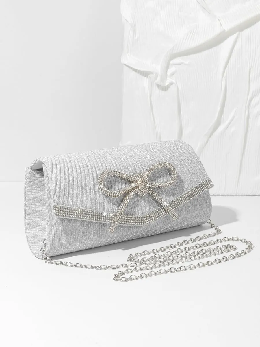 Rhinestone Bow Clutch Purses Women Shiny Evening Handbag Chic Evening Clutch Bag with Chain for Party Prom Wedding