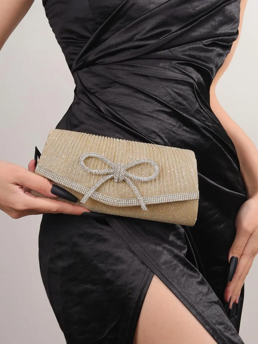 Rhinestone Bow Clutch Purses Women Shiny Evening Handbag Chic Evening Clutch Bag with Chain for Party Prom Wedding