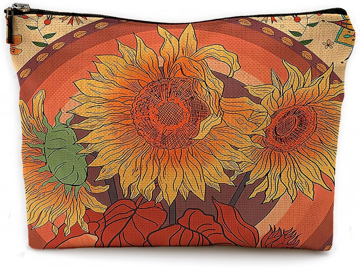Rustic Orange Makeup Bag Travel Cosmetic Bags,Watercolor Boho Flower Floral Spring Summer Blossom Cosmetic Makeup Bags with Zipper Pouch Travel Toiletry Case