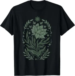 Sage & Green Flowers Sun Crescent Moon Boho Floral Celestial T-Shirt