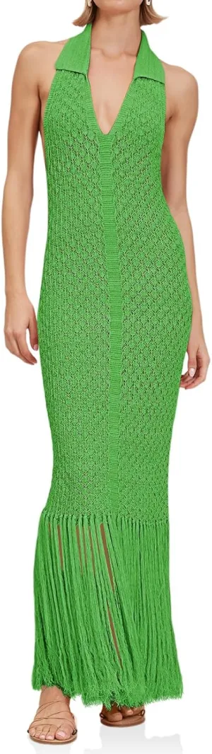Saodimallsu Womens Halter Crochet Cover Up Fringe Sexy Backless Sleeveless V Neck Collared Vacation Beach Maxi Dress
