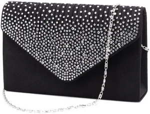 Satin Party Large Clutch Ladies Bag Ladies Evening Bag Envelope Diamante Bags Small Shoulder Bags for (Black, One Size)