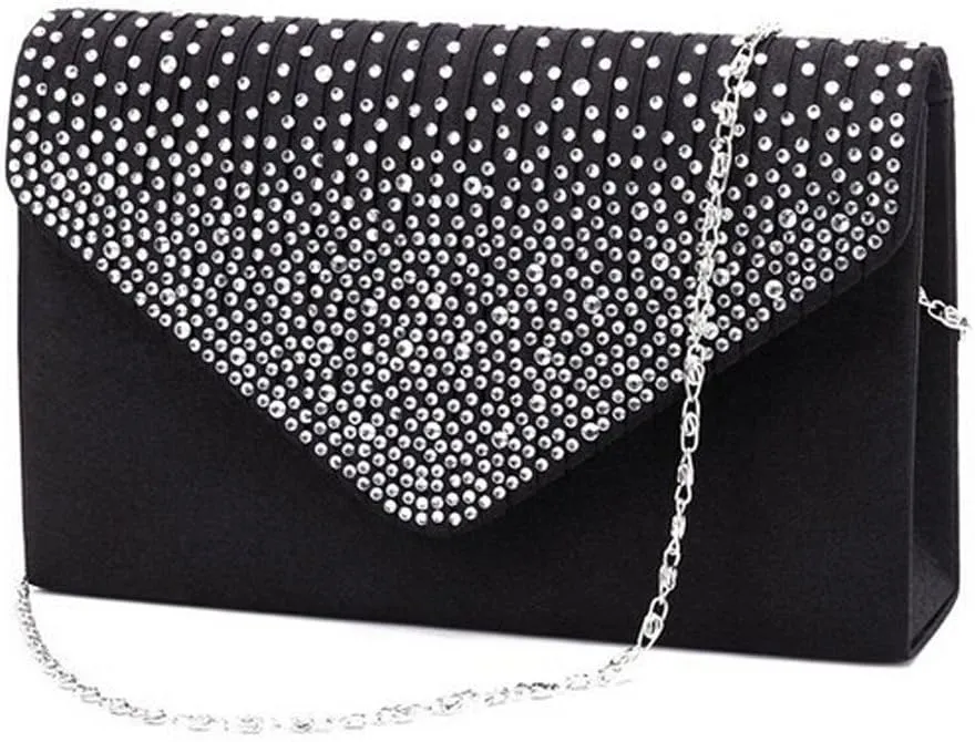 Satin Party Large Clutch Ladies Bag Ladies Evening Bag Envelope Diamante Bags Small Shoulder Bags for (Black, One Size)