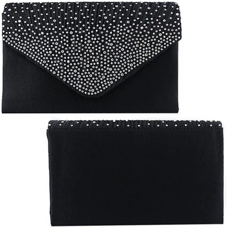 Satin Party Large Clutch Ladies Bag Ladies Evening Bag Envelope Diamante Bags Small Shoulder Bags for (Black, One Size)