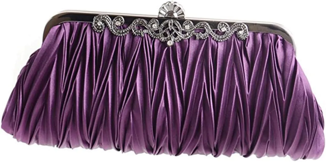 Satin Pleated Clutch Bag Purple Versatile Evening Purse with Removable Shoulder Chain for Wedding Party and Prom Events Elegant Handbag for Ladies