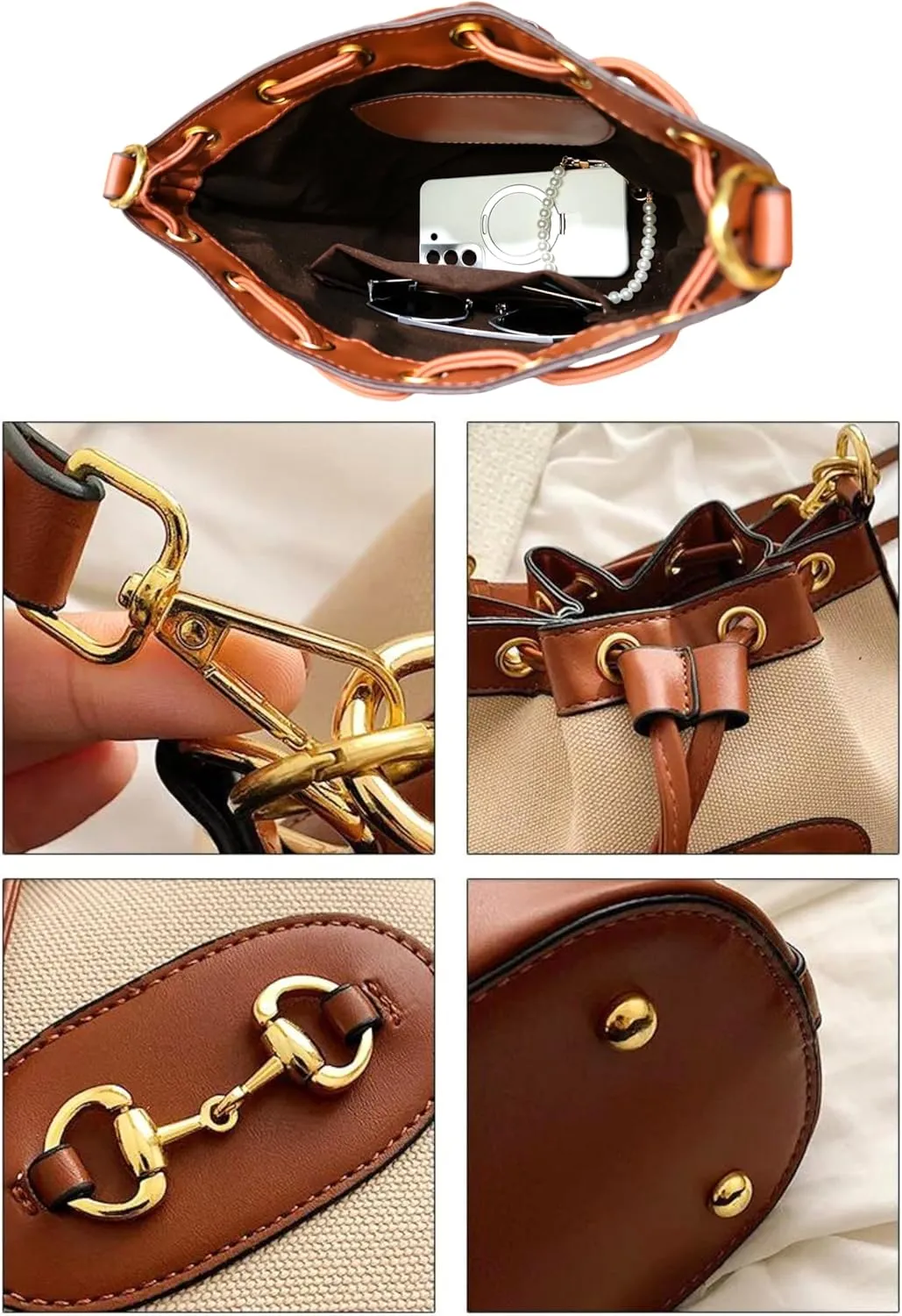 Small Light Brown Equestrian Bucket Crossbody Bag  Classic Vegan Leather & White Canvas Purse with Gold Horsebit Detail, 2 Straps, Preppy Country Club Chic Handbag for Timeless Everyday Elegance