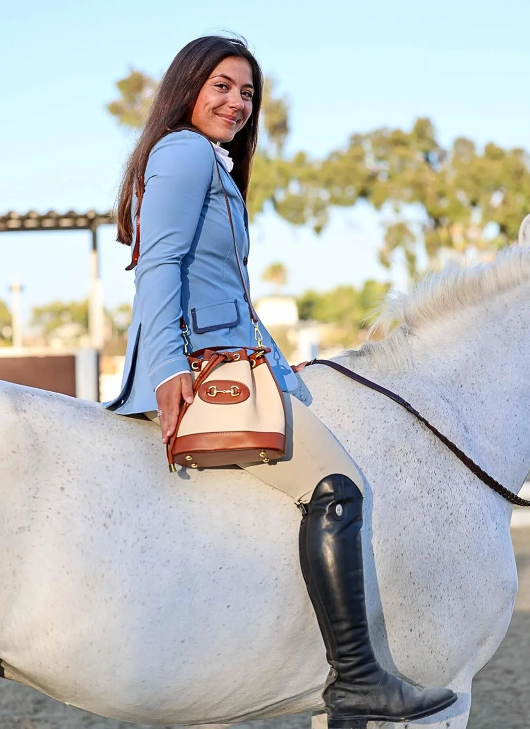 Small Light Brown Equestrian Bucket Crossbody Bag  Classic Vegan Leather & White Canvas Purse with Gold Horsebit Detail, 2 Straps, Preppy Country Club Chic Handbag for Timeless Everyday Elegance