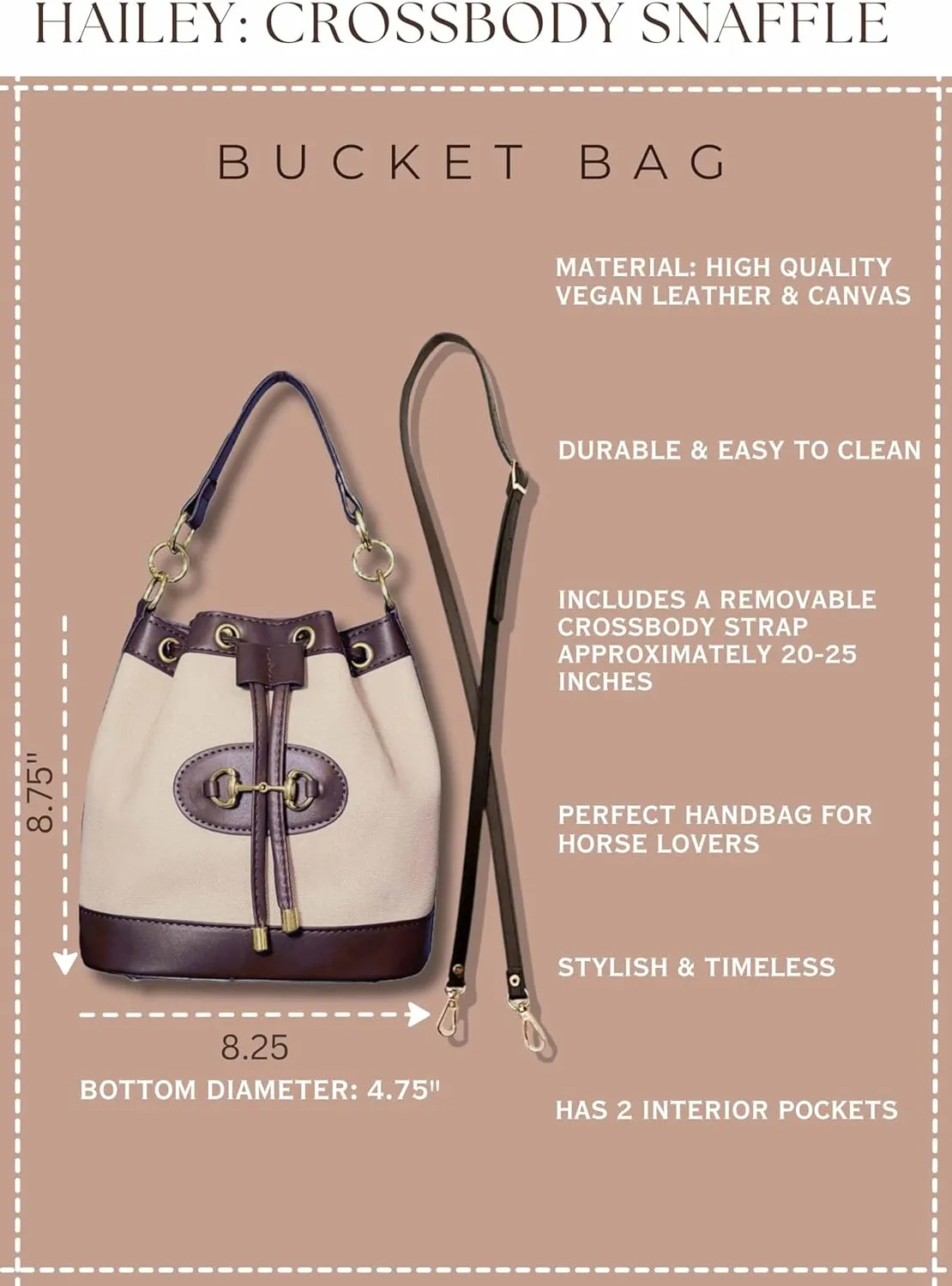 Small Light Brown Equestrian Bucket Crossbody Bag  Classic Vegan Leather & White Canvas Purse with Gold Horsebit Detail, 2 Straps, Preppy Country Club Chic Handbag for Timeless Everyday Elegance