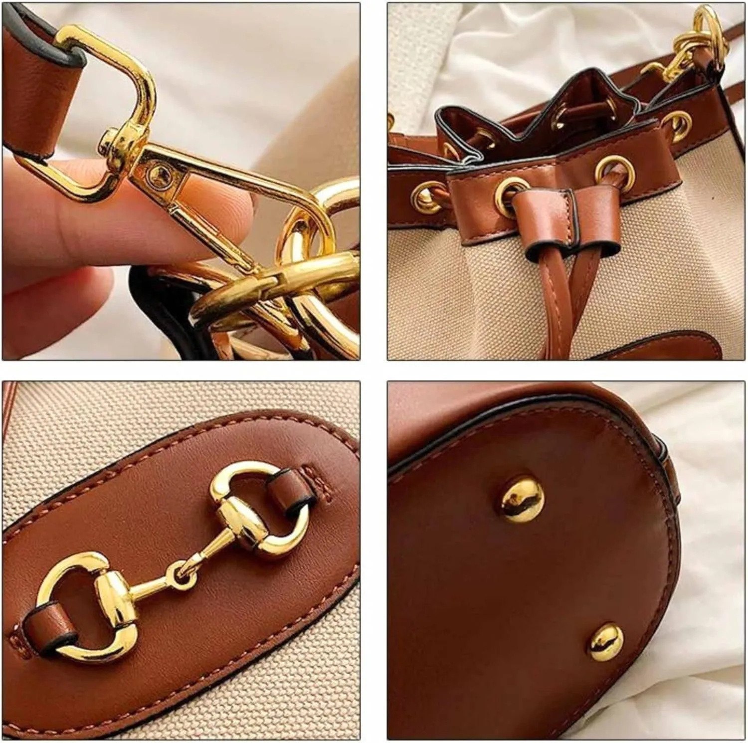 Small Light Brown Equestrian Bucket Crossbody Bag  Classic Vegan Leather & White Canvas Purse with Gold Horsebit Detail, 2 Straps, Preppy Country Club Chic Handbag for Timeless Everyday Elegance