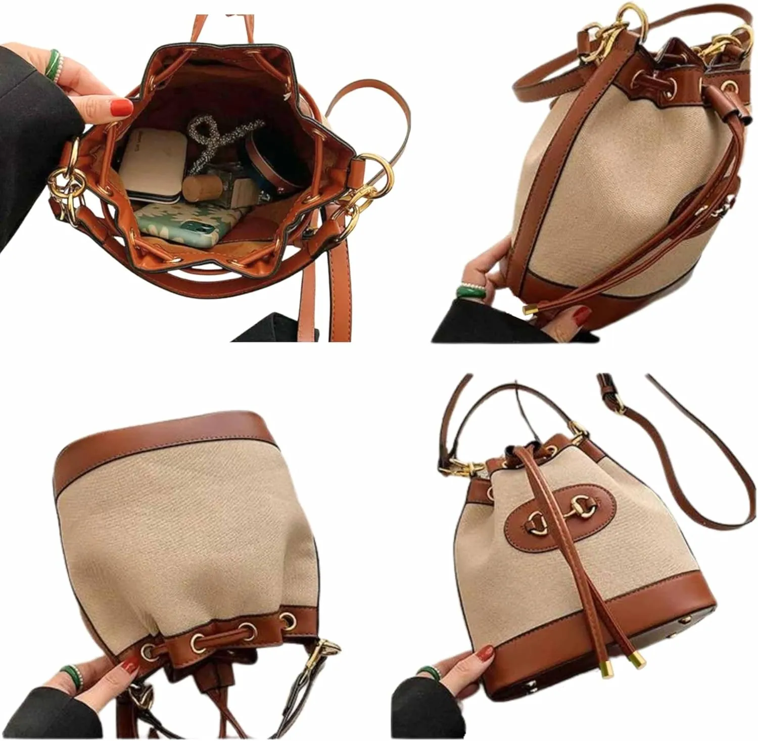 Small Light Brown Equestrian Bucket Crossbody Bag  Classic Vegan Leather & White Canvas Purse with Gold Horsebit Detail, 2 Straps, Preppy Country Club Chic Handbag for Timeless Everyday Elegance
