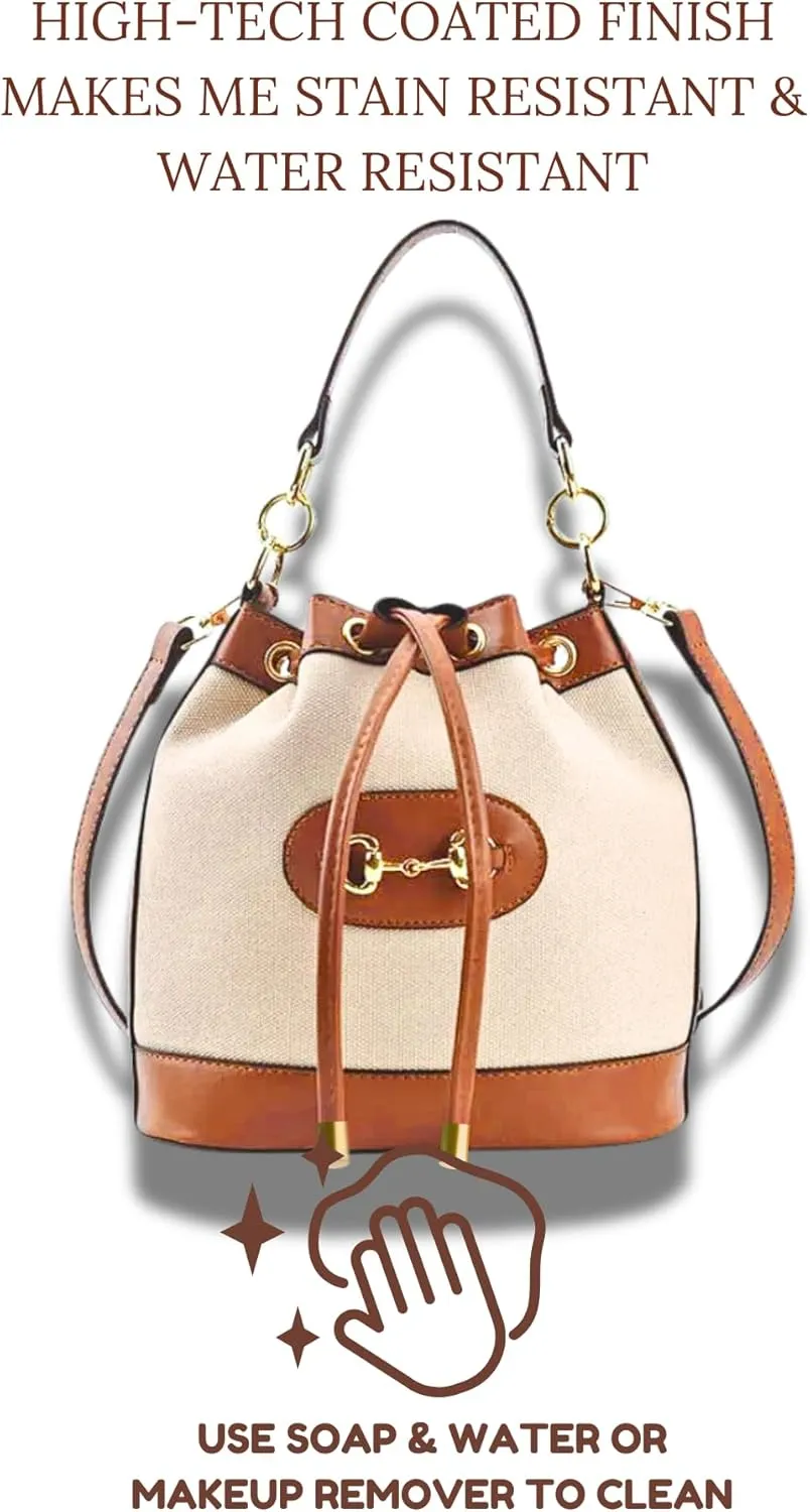Small Light Brown Equestrian Bucket Crossbody Bag  Classic Vegan Leather & White Canvas Purse with Gold Horsebit Detail, 2 Straps, Preppy Country Club Chic Handbag for Timeless Everyday Elegance