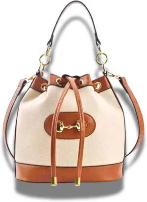 Small Light Brown Equestrian Bucket Crossbody Bag  Classic Vegan Leather & White Canvas Purse with Gold Horsebit Detail, 2 Straps, Preppy Country Club Chic Handbag for Timeless Everyday Elegance