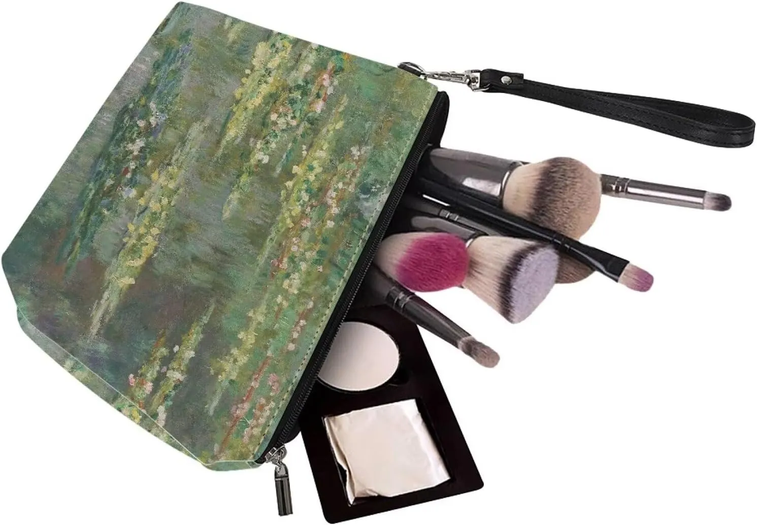 Small Makeup Bag Monet Water Lilies Portable Versatile Travel Makeup Bag for Women and Girls,Toiletry Travel Bag,Makeup Brush Organizer Cosmetics Pouch Bags Green