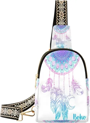 Small Sling Bag Waist Packs Leather Crossbody Packs Chest Bag Dream Catcher & Moon Boho for Women Travel Belt Purse