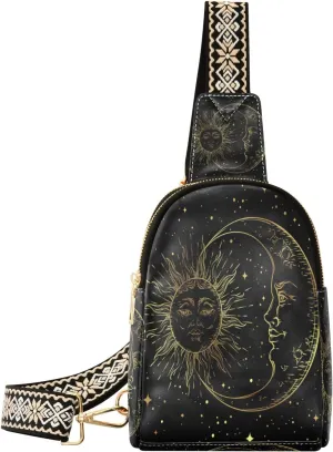 Small Sling Bag Waist Packs Leather Crossbody Packs Chest Bag Golden Sun Moon Stars Boho for Women Travel Belt Purse