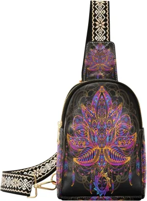 Small Sling Bag Waist Packs Leather Crossbody Packs Chest Bag Rainbow Lotus Moon Boho for Women Travel Belt Purse