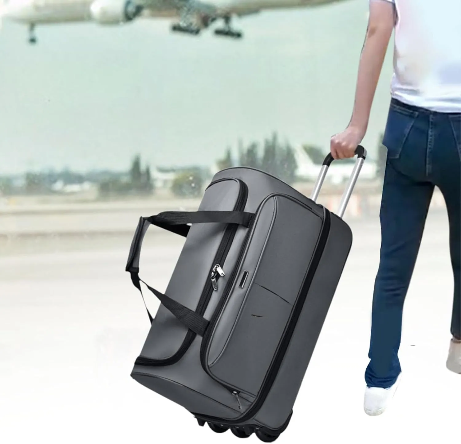 Soft Wheeled Wheeled Bag with Portable Maneuvering Handbag Versatile Baggage Bag in The Open Air for Travel in The Middle of, gray, M