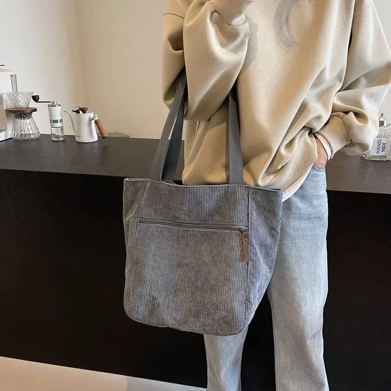 Sohiwoo Corduroy Zipper Solid Color Women's Tote Bag 2024 Hot Selling Versatile Casual Shoulder Bag Soft Fashion Simple Designer Handbag