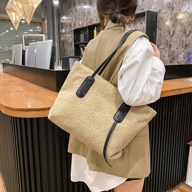 Sohiwoo Fuzzy Large Capacity Tote Bag Plush Top Handle Handbag Simple Versatile Shoulder Bag