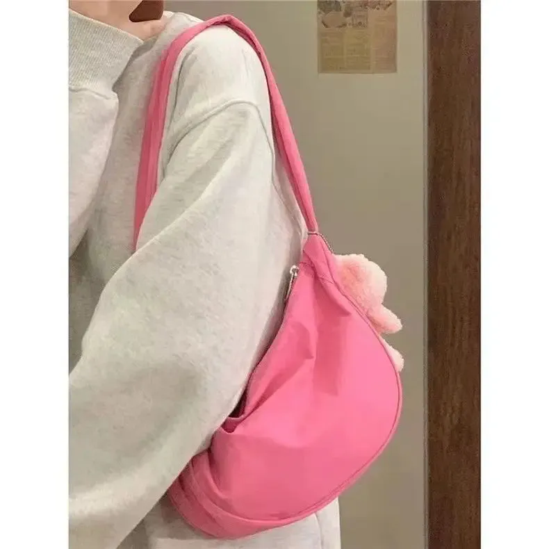 Sohiwoo Pink Womens Shoulder Bag Solid Colour Sweet Fsahion Korean Crossbody Bags Simplicity Casual Versatile Zips Ladies Bag