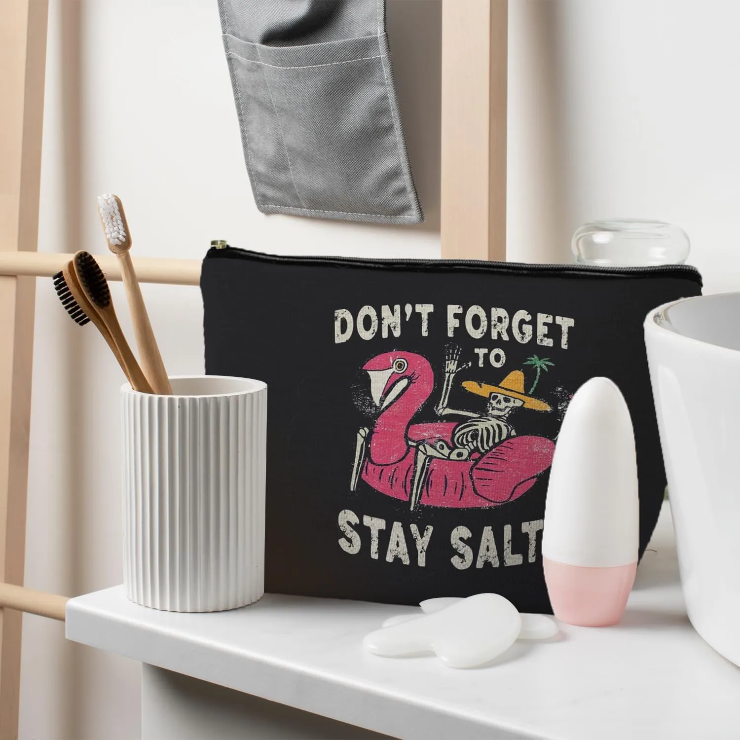 Stay Salty Summer Beach Makeup Bags for Women, Beach Vacation Gifts, Beach Cosmetic Bag, Beach Gifts for Women Friends, Gifts for a Beach Lovers, Funny Skeleton Goth Makeup Pouch
