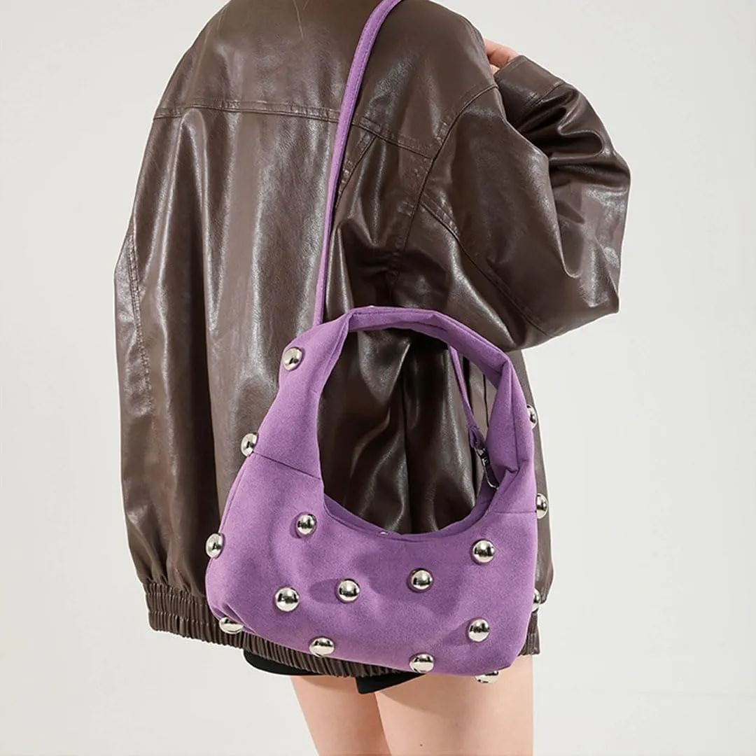 Studded Purse Suede Bags for Women Y2k Purse Crescent Shoulder Bag Suede Handbag Hobo Bag Fall Crossbody Bag Studded Bag