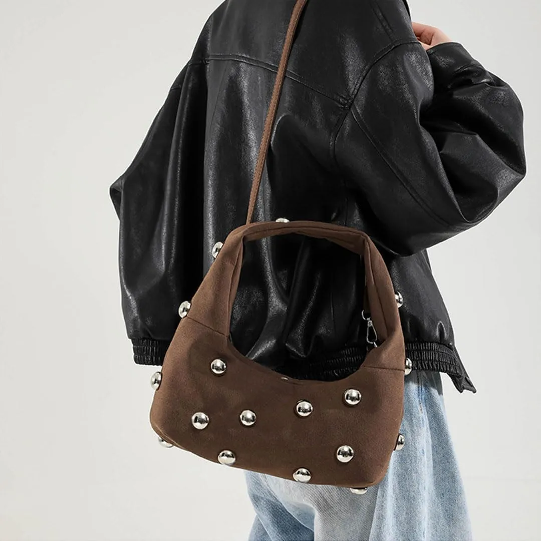 Studded Purse Suede Bags for Women Y2k Purse Crescent Shoulder Bag Suede Handbag Hobo Bag Fall Crossbody Bag Studded Bag