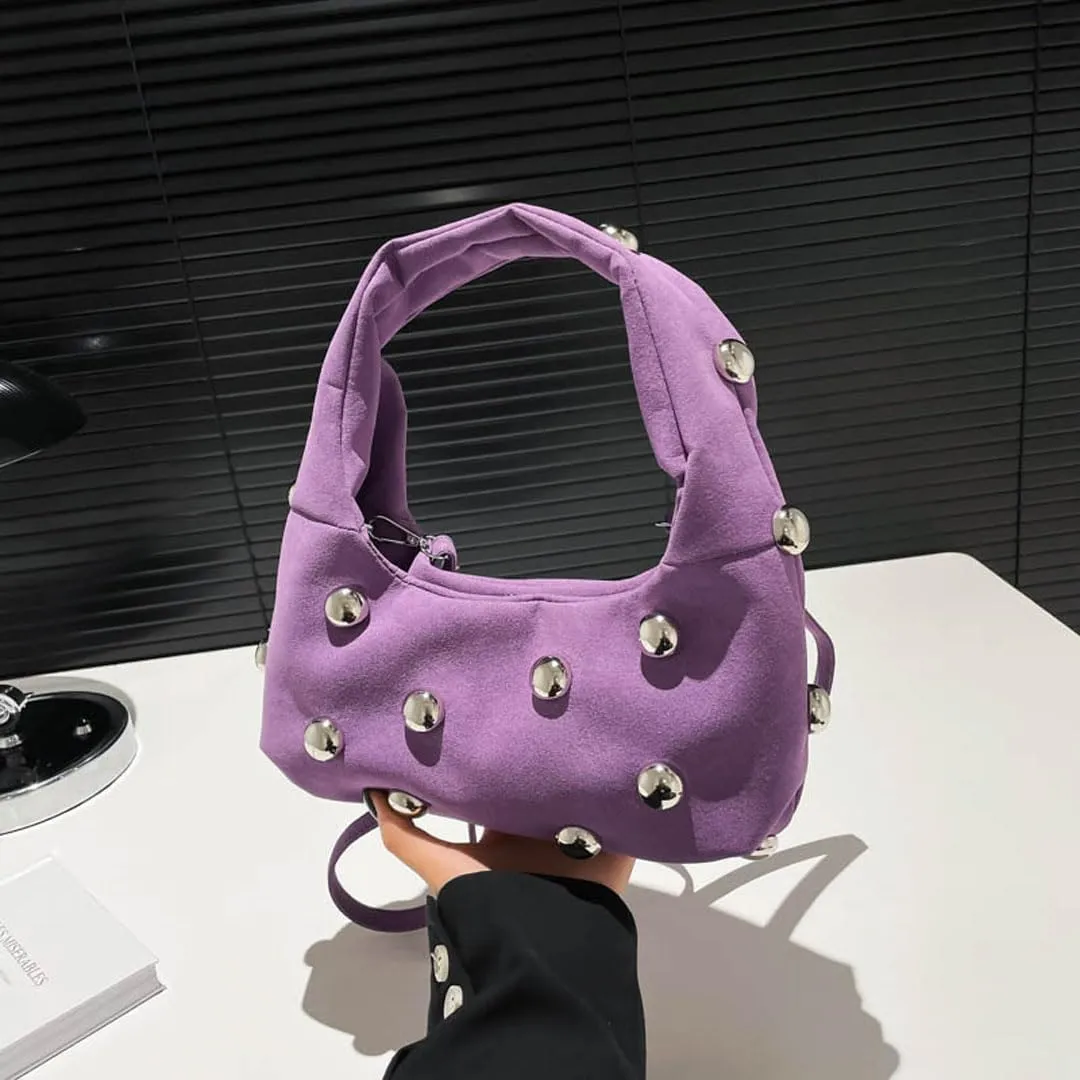 Studded Purse Suede Bags for Women Y2k Purse Crescent Shoulder Bag Suede Handbag Hobo Bag Fall Crossbody Bag Studded Bag