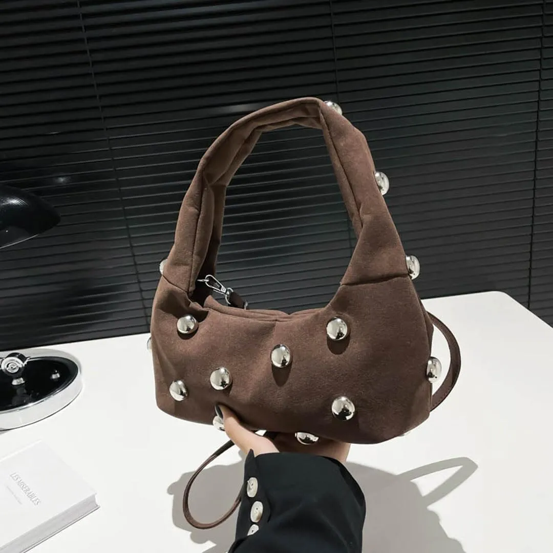 Studded Purse Suede Bags for Women Y2k Purse Crescent Shoulder Bag Suede Handbag Hobo Bag Fall Crossbody Bag Studded Bag
