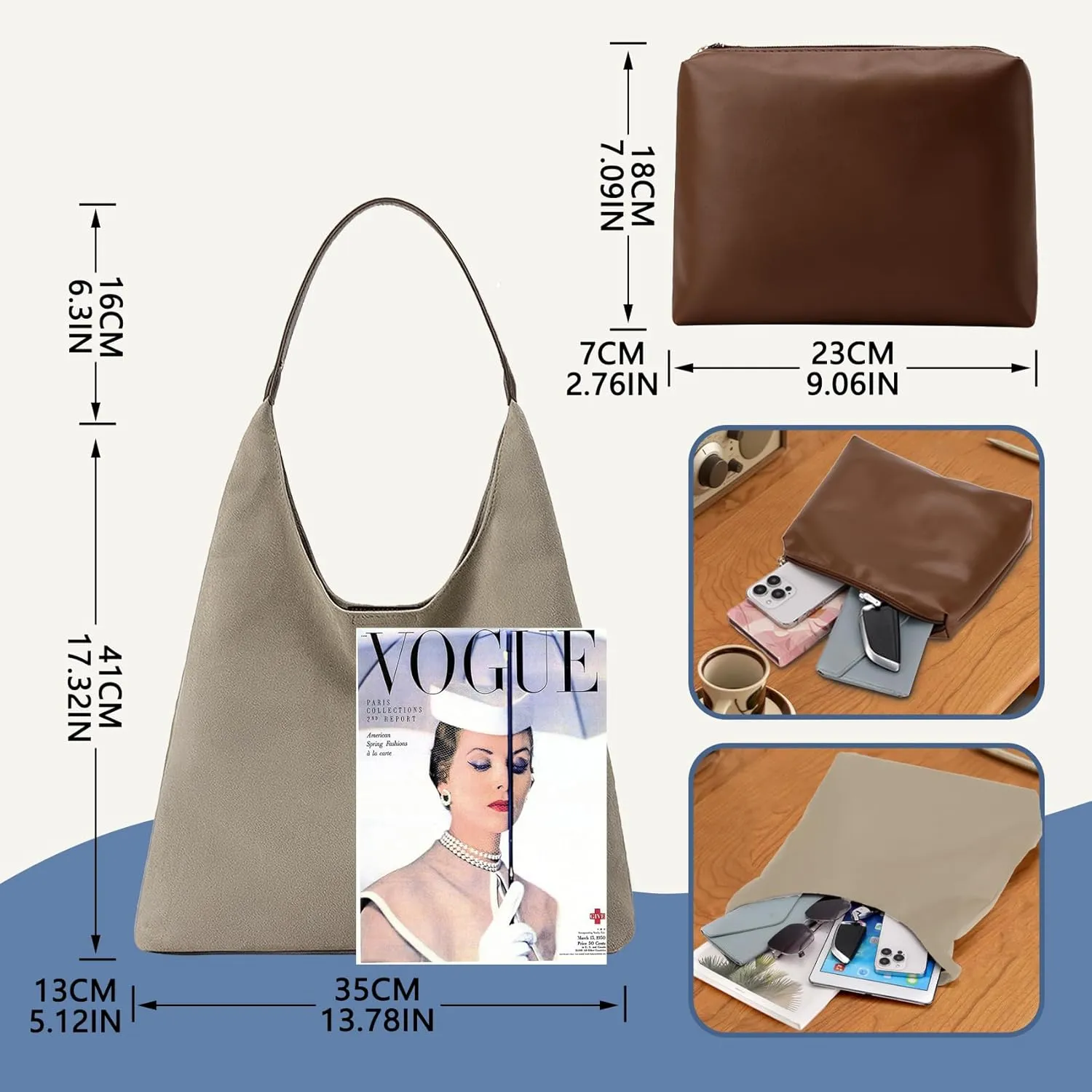 Suede Hobo Bags for Women Large Tote Bags Work Casual Shoulder Handbags Purses