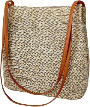 Summer Straw Beach Handbag, Buckets Handbag, Boho Shoulder Straw Handbag for Shopping Work School Travel