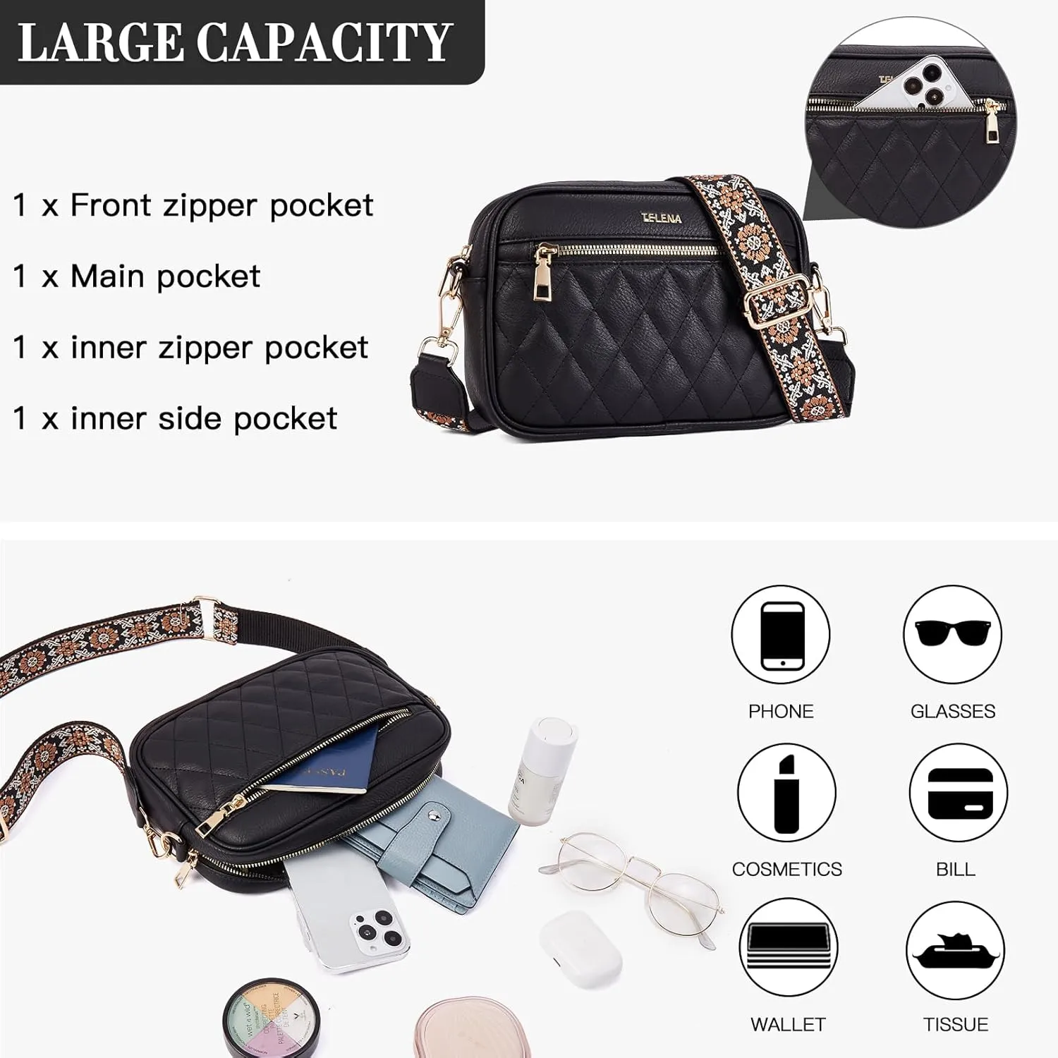 Telena Crossbody bags for Women Trendy Quilted Crossbody Bag Faux Leather Purse with Wide Strap