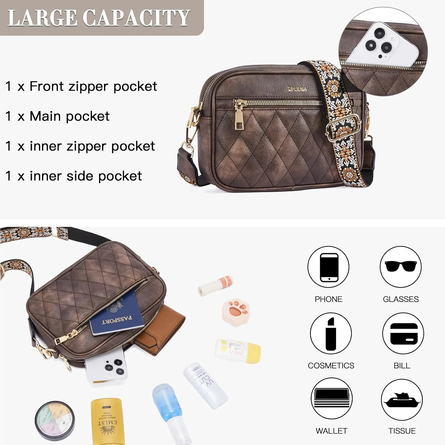 Telena Crossbody bags for Women Trendy Quilted Crossbody Bag Faux Leather Purse with Wide Strap