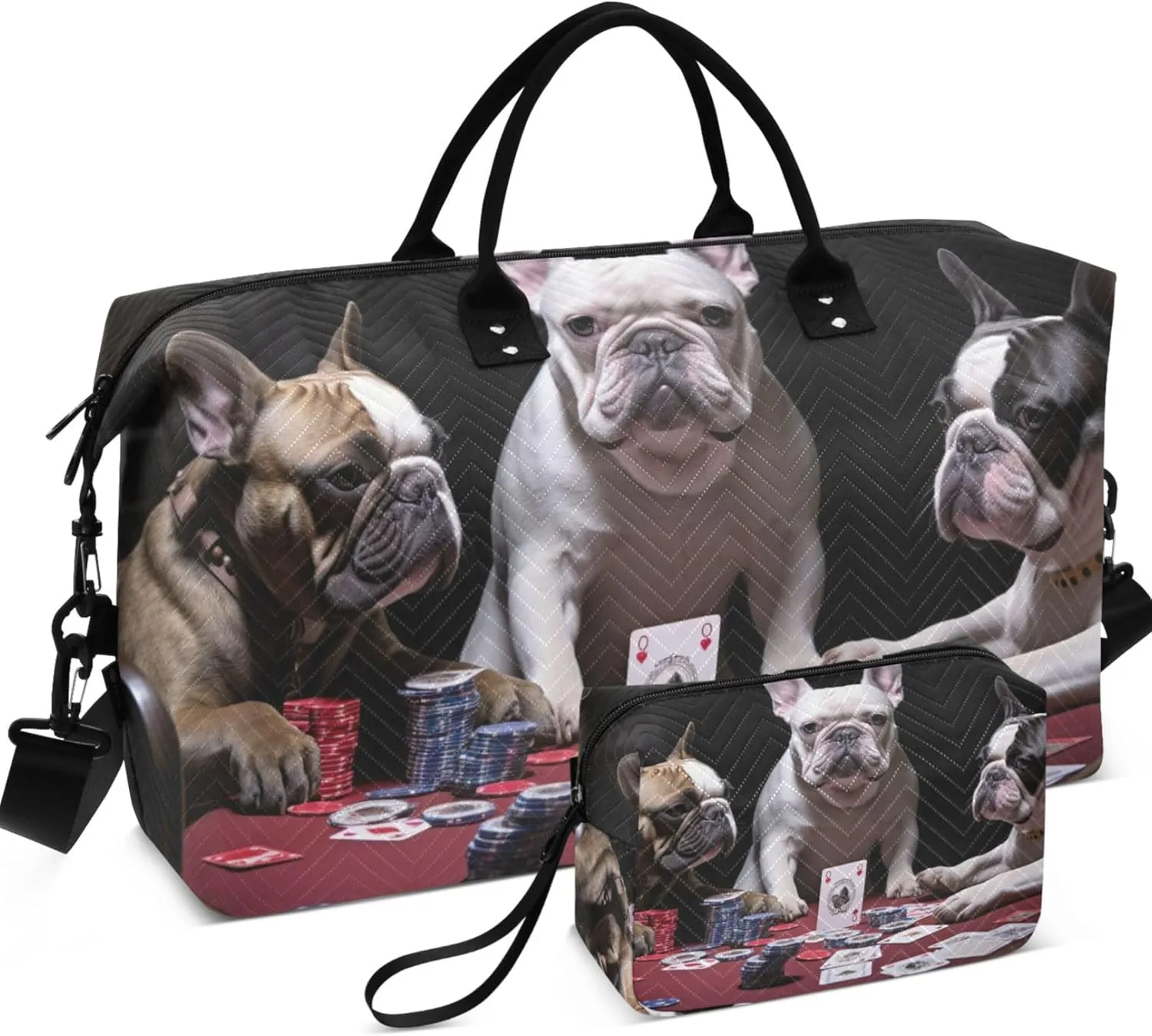 Three French Bulldogs Playing a Game of Cards Duffle Bags Travel Toiletry Bags Set of 2, Funny Women Luggage Set Weekender Travel Bag