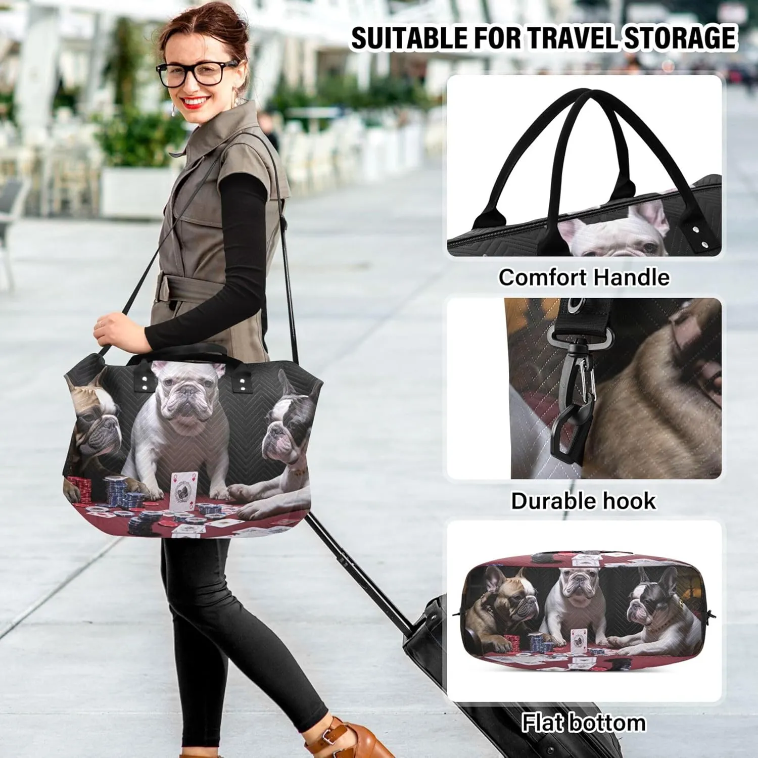 Three French Bulldogs Playing a Game of Cards Duffle Bags Travel Toiletry Bags Set of 2, Funny Women Luggage Set Weekender Travel Bag