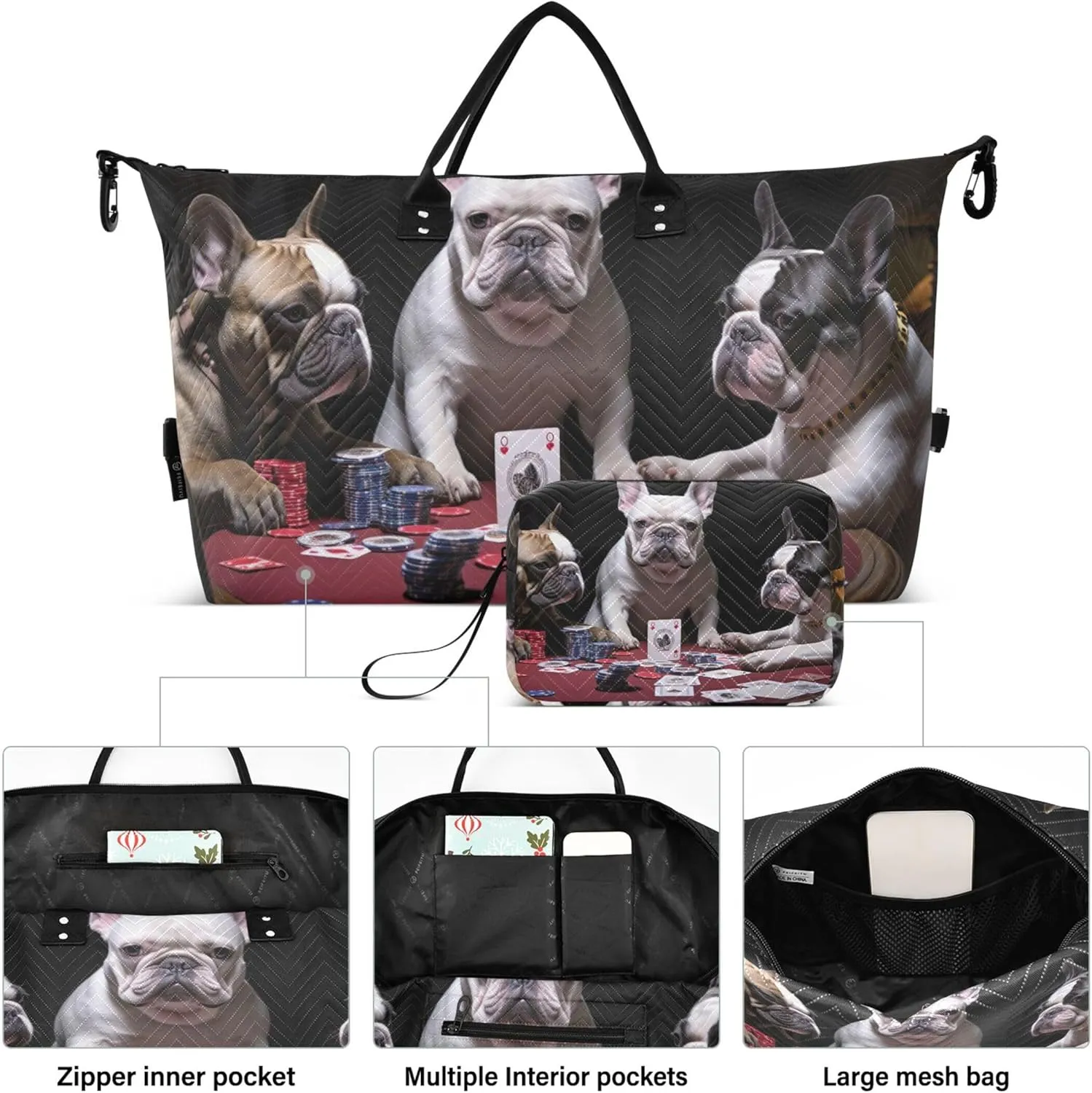 Three French Bulldogs Playing a Game of Cards Duffle Bags Travel Toiletry Bags Set of 2, Funny Women Luggage Set Weekender Travel Bag
