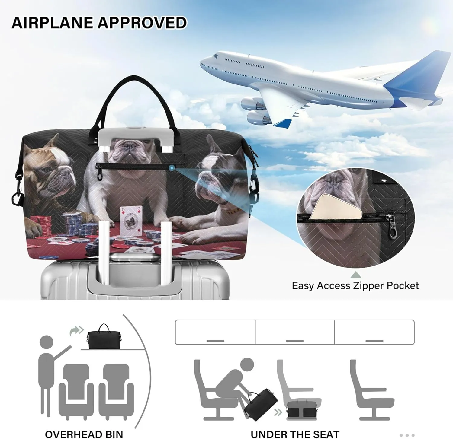 Three French Bulldogs Playing a Game of Cards Duffle Bags Travel Toiletry Bags Set of 2, Funny Women Luggage Set Weekender Travel Bag