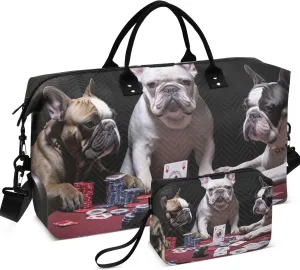 Three French Bulldogs Playing a Game of Cards Duffle Bags Travel Toiletry Bags Set of 2, Funny Women Luggage Set Weekender Travel Bag