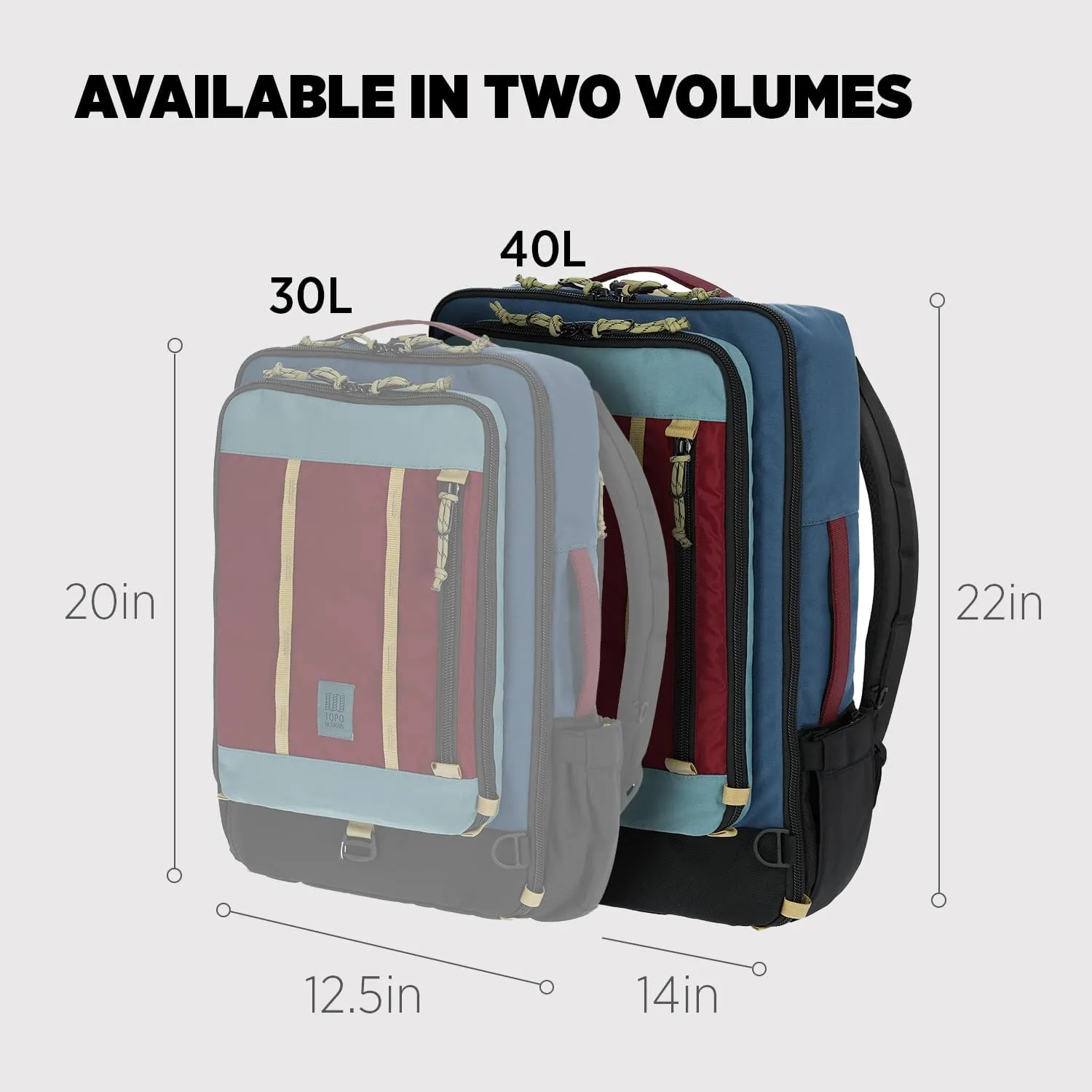 Topo Designs Global Travel Bag 30-40 Liter - Carry-on Compliant Versatile Pack, 3 Carry Options, External Laptop Sleeve (Eco-Friendly, 40L, Denim)