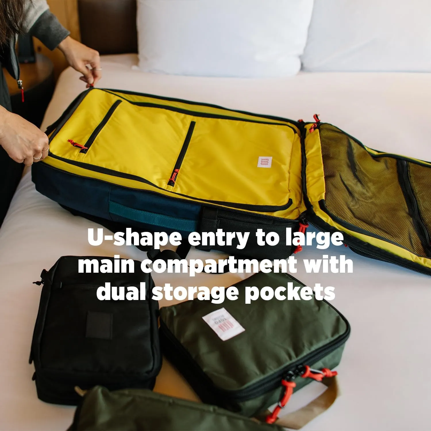 Topo Designs Global Travel Bag 30-40 Liter - Carry-on Compliant Versatile Pack, 3 Carry Options, External Laptop Sleeve (Eco-Friendly, 40L, Denim)