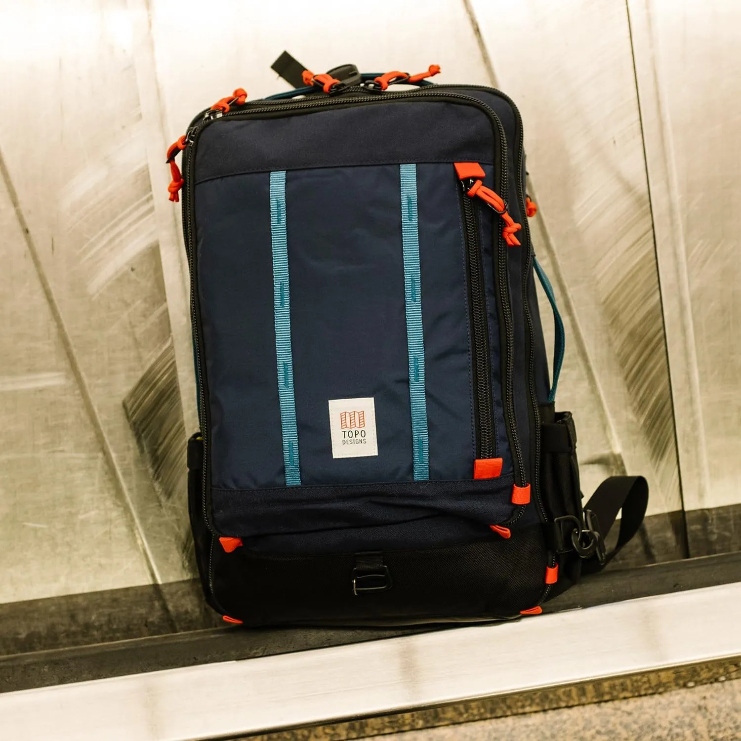 Topo Designs Global Travel Bag 30-40 Liter - Carry-on Compliant Versatile Pack, 3 Carry Options, External Laptop Sleeve (Eco-Friendly, 40L, Denim)
