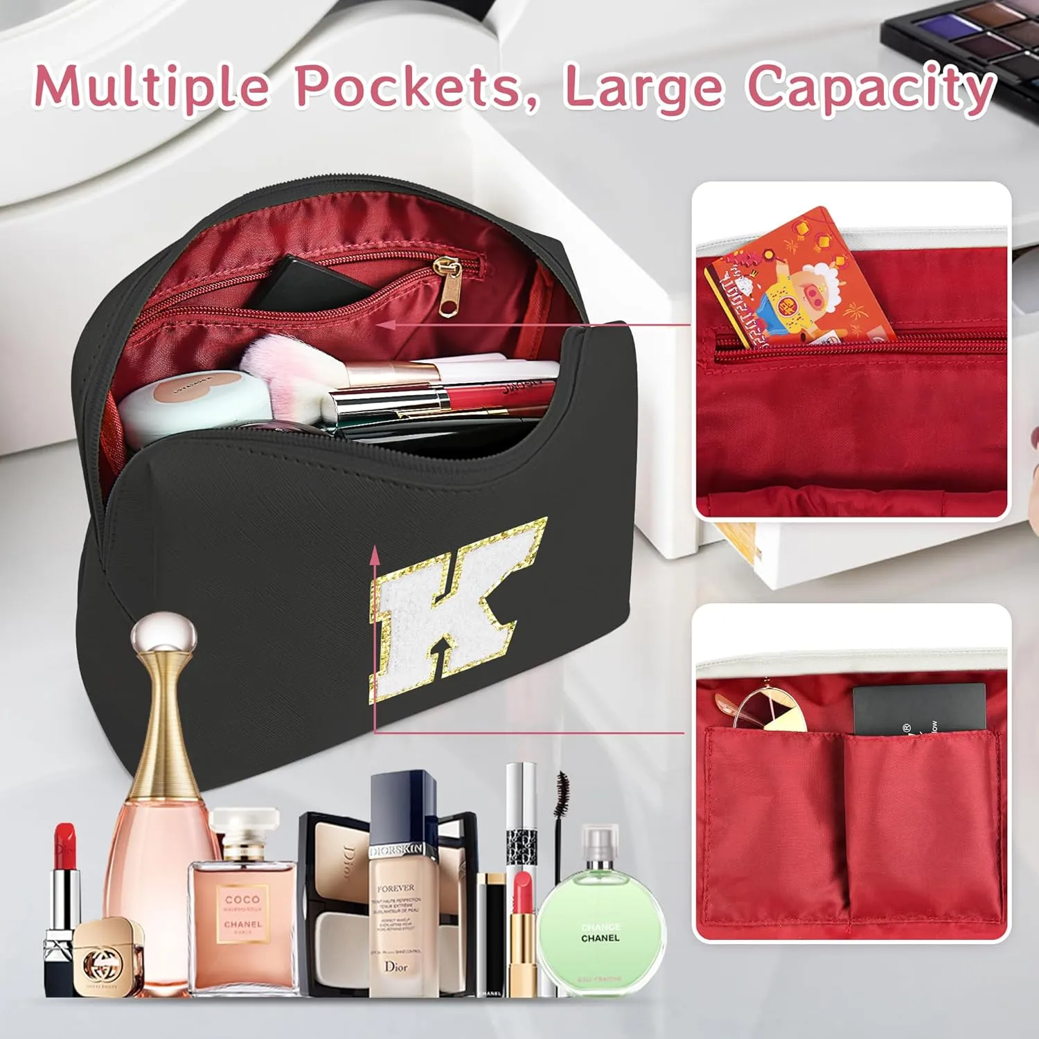 Travel Makeup Bag, Teen Girl Gifts Trendy Stuff Initial Make up Bag Travel Toiletry Bag for Girls Women, Waterproof PU Leather Cosmetic Bag, Personalized Gift for Birthday/Christmas - B, Black