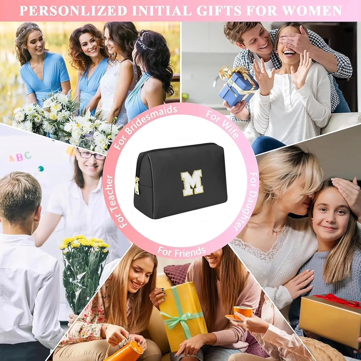 Travel Makeup Bag, Teen Girl Gifts Trendy Stuff Initial Make up Bag Travel Toiletry Bag for Girls Women, Waterproof PU Leather Cosmetic Bag, Personalized Gift for Birthday/Christmas - B, Black